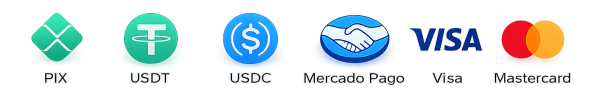 Formas de pagamento aceitas: Pix, USDT, USDC, Mercado Pago, Visa e Mastercard